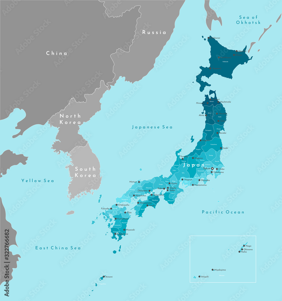 Vector modern illustration. Simplified geographical  map of Japan and nearest countries. Blue background of seas and Pacific Ocean. Names of japanese cities and prefectures