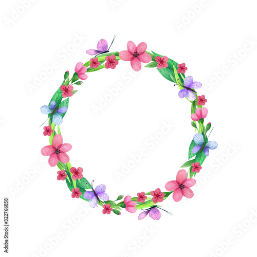 Decorative floral wreath. Hand drawn watercolor elements. Perfect for spring decorations.