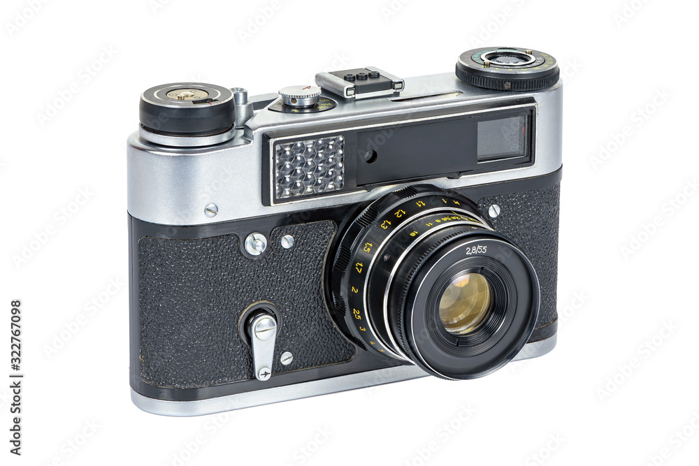 Vintage analog camera on white background