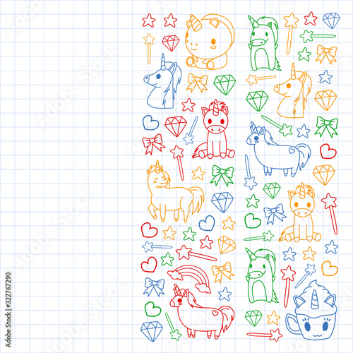 Children pattern with fairy tale unicors for kids clothes, posters, banners, shirts. Vector image with cartoon character.