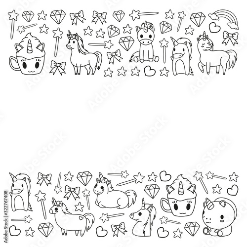 Children pattern with fairy tale unicors for kids clothes, posters, banners, shirts. Vector image with cartoon character.