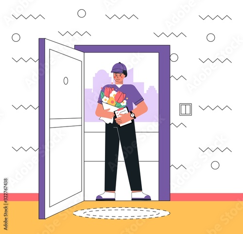 Courier or delivery man delivered the ordered bouquet of flowers home. Business concept of ordering flowers and gifts on the website or in the application online. Flat style vector illustration.