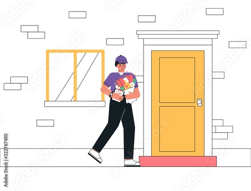 Courier or delivery man delivered the ordered bouquet of flowers home. Business concept of ordering flowers and gifts on the website or in the application online. Flat style vector illustration.