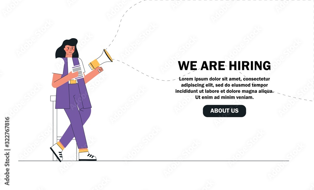 Vector flat modern illustration, woman recruiter is holding resume and megaphone looking for new employees. The concept we are hiring, human resources. Landing page template.