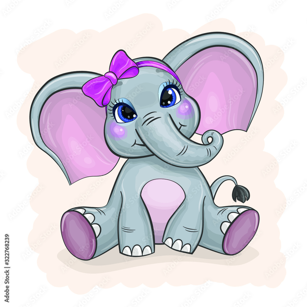 Fototapeta premium Cute elephant with a bow. Children's theme. Cute animal.