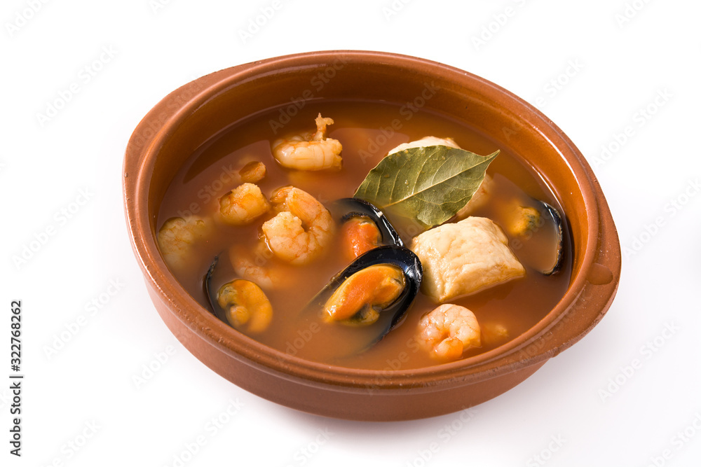 French bouillabaisse soup in bowl isolated on white background French bouillabaisse soup in bowl isolated on white background