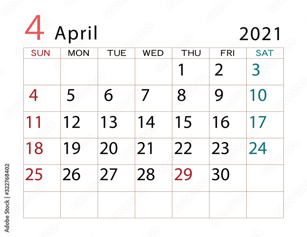 2021年カレンダー 4月 2021年カレンダー 4月