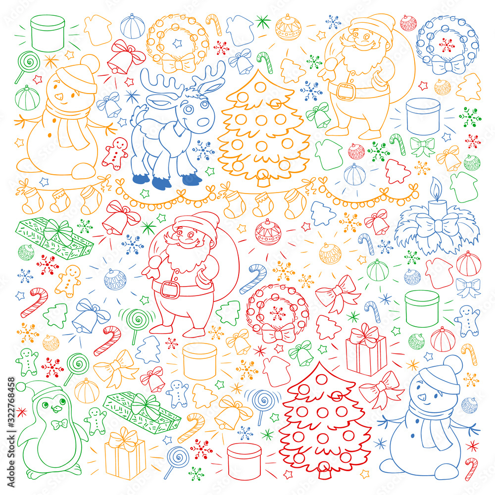 Obraz premium Merry Christmas and happy new year. Santa Claus, deer, snowman, penguin. Vector pattern.