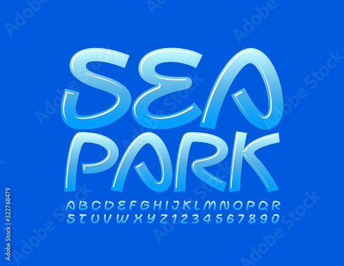 Vector blue logo Sea Park. Bright Glossy Font. Handwritten Alphabet Letters and Numbers.