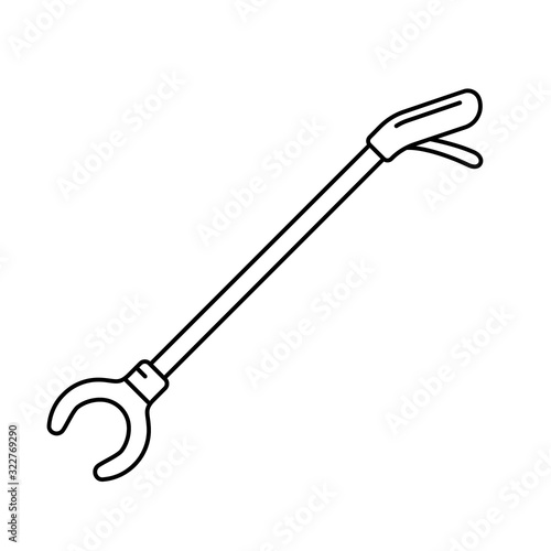 Long-reach grabber. Linear icon of Litter Picker Gripper. Black device for elderly or disabled people. Contour isolated vector illustration on white background. Pick Up tool and Mobility Assistance