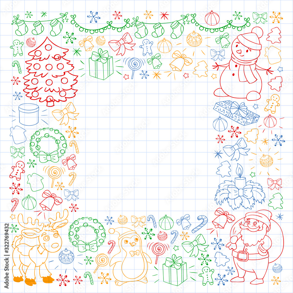 Merry Christmas and happy new year. Santa Claus, deer, snowman, penguin. Vector pattern.