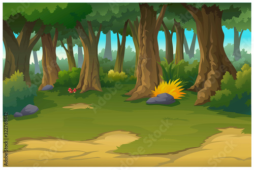 Shady trees have seats to relax in the forest.
