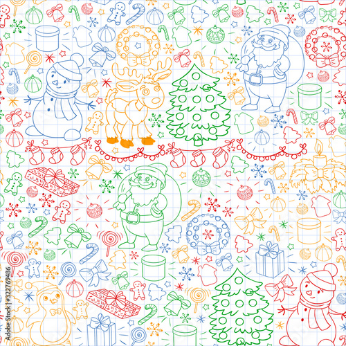 Merry Christmas and happy new year. Santa Claus, deer, snowman, penguin. Vector pattern.