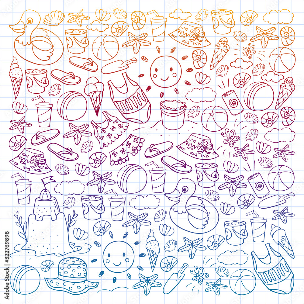 Vector set of beach icons for summer posters, banners. Sea, ocean vacations. Kids drawing style. Vector set of beach icons for summer posters, banners. Sea, ocean vacations. Kids drawing style.