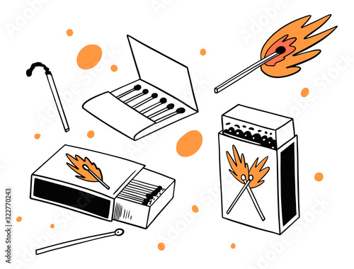 Matches in different box, burning and extinct match. Hand drawn vector illustration in cartoon syle.