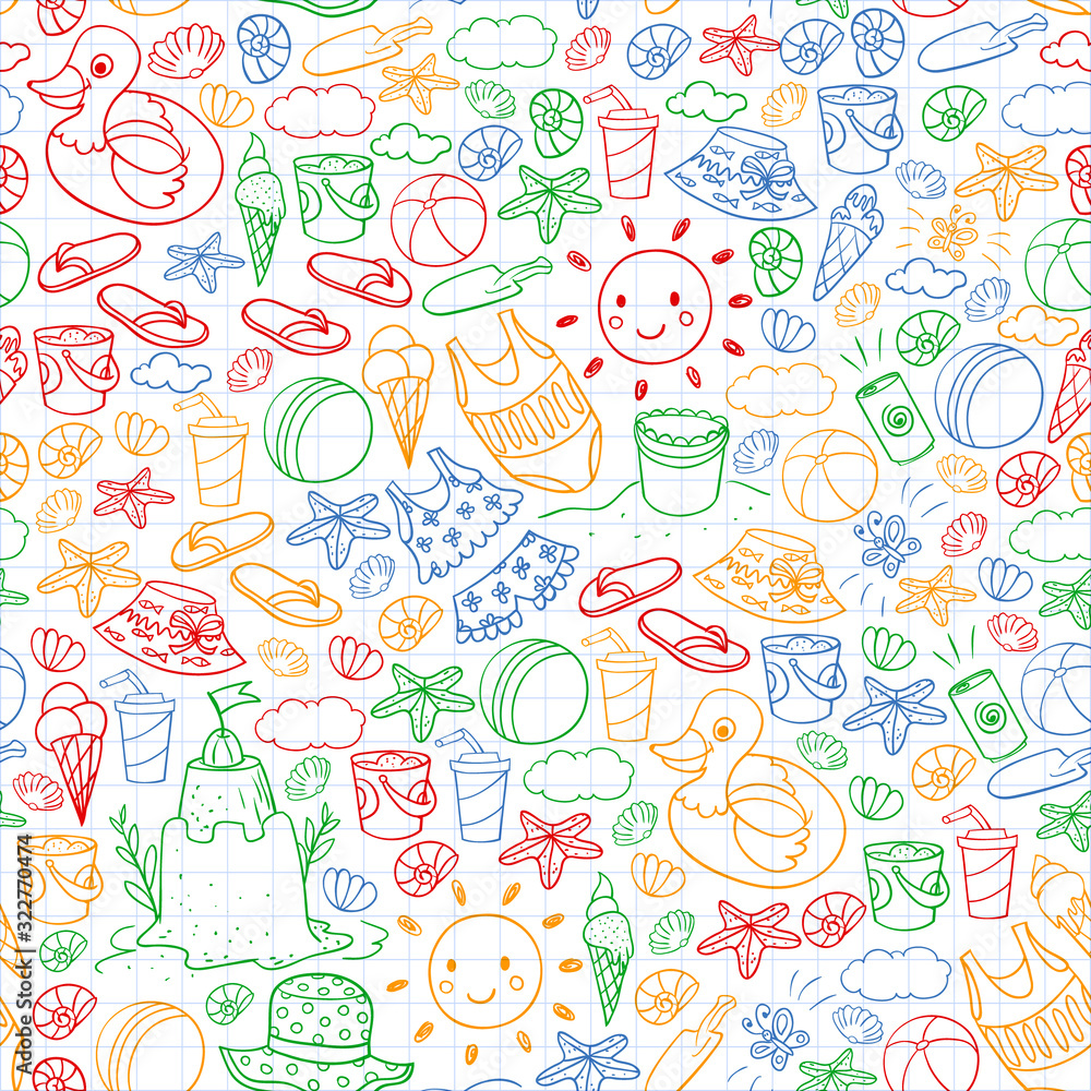 Vector set of beach icons for summer posters, banners. Sea, ocean vacations. Kids drawing style. Vector set of beach icons for summer posters, banners. Sea, ocean vacations. Kids drawing style.