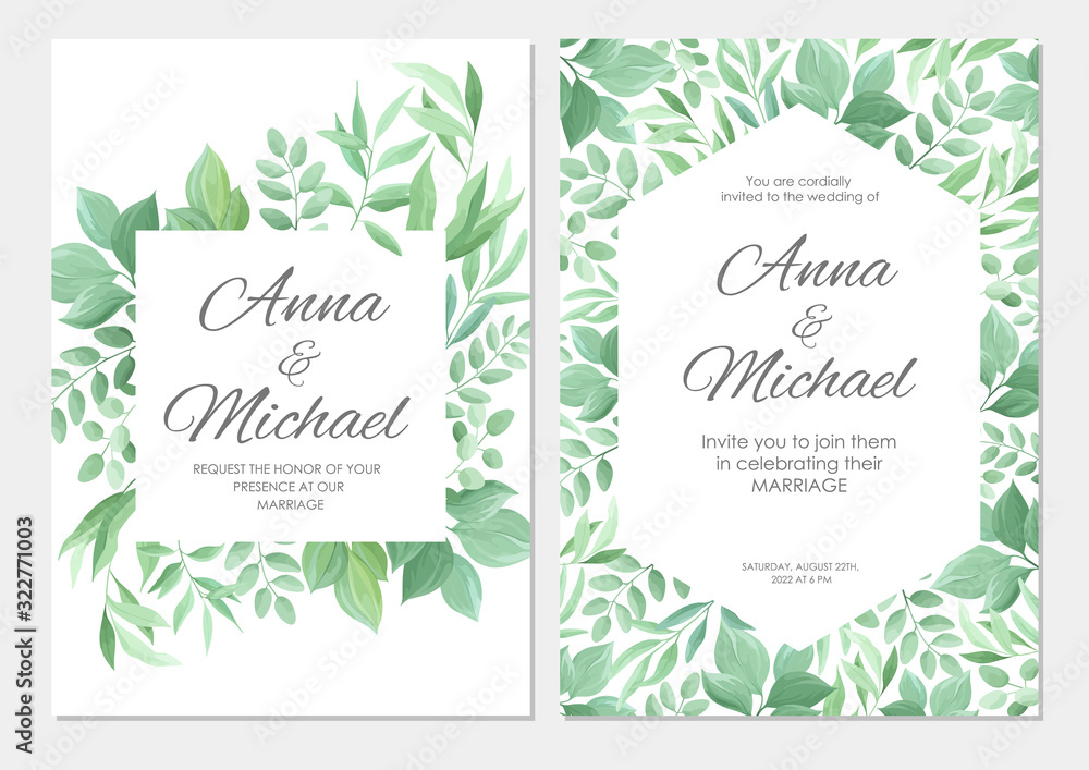 Obraz Wedding invitation with green leaves border. Floral invite modern card template set. Vector illustration