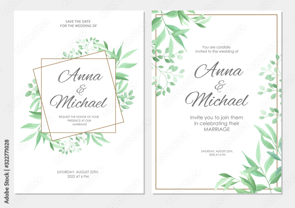 Obraz Wedding invitation with green leaves geometric border. Floral invite modern card template set. Vector illustration.