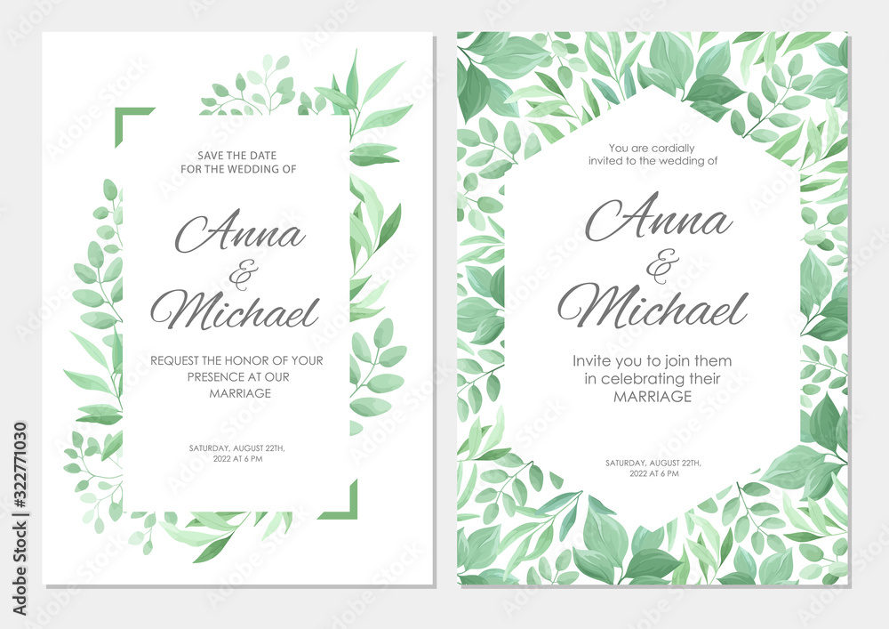 Obraz Wedding invitation with green leaves border. Floral invite modern card template set. Vector illustration.