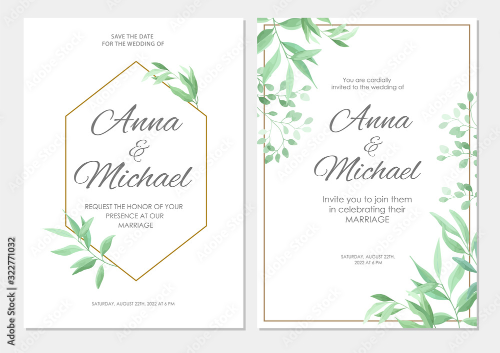 Obraz Wedding invitation with green leaves geometric border. Floral invite modern card template set. Vector illustration.