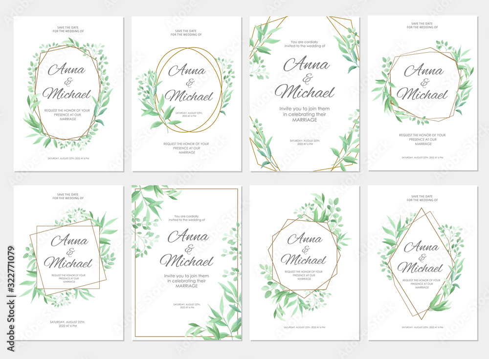 Wedding invitation with green leaves geometric border. Floral invite modern card template set. Vector illustration.