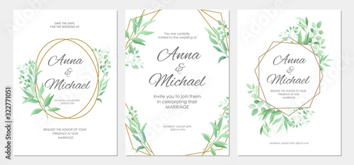 Wedding invitation with green leaves geometric border. Floral invite modern card template set. Vector illustration.