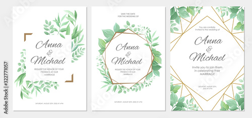 Wedding invitation with green leaves geometric border. Floral invite modern card template set. Vector illustration.