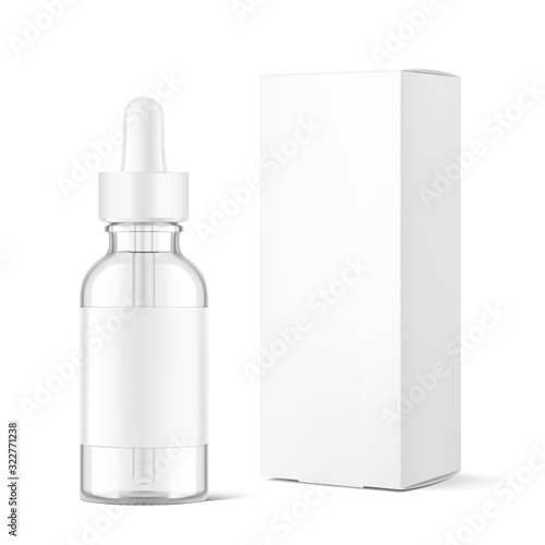 Realistic cardboard packaging box mockup with dropper bottle mockup isolated on white background.Vector illustration.  Сan be used for cosmetic, medical and other needs. EPS10.