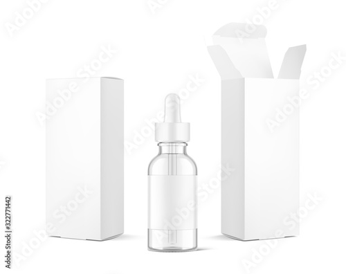 Realistic cardboard packaging box mockup with dropper bottle mockup isolated on white background.Vector illustration.  Сan be used for cosmetic, medical and other needs. EPS10.