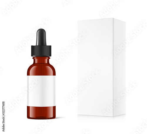 Realistic cardboard packaging box mockup with dropper bottle mockup isolated on white background.Vector illustration.  Сan be used for cosmetic, medical and other needs. EPS10.