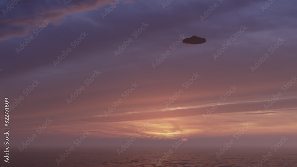 3D illustration. UFO over the sea and waves 3D illustration. UFO over the sea and waves