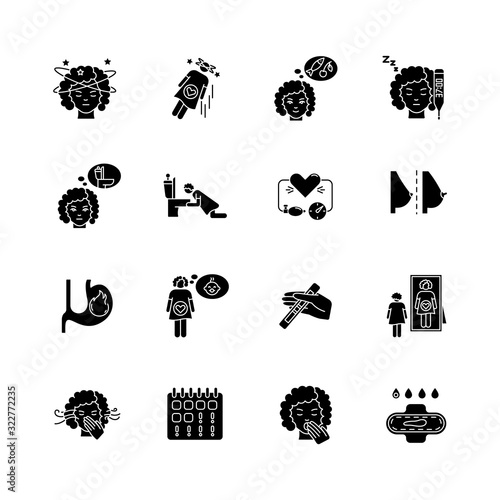 Early pregnancy symptom black glyph icons set on white space. Family planning. Maternity and motherhood. Missed period. Young mother. Healthcare. Silhouette symbols. Vector isolated illustration