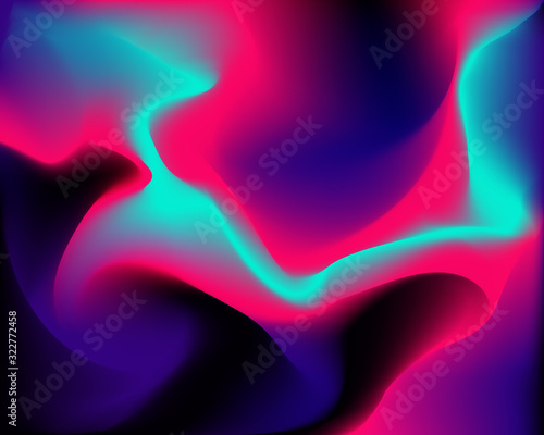 Blurred bright dynamic neon waves. Digital blend of vibrant, modern rainbow hues. Abstract gradients colors mesh background. Vector frequency waveform.