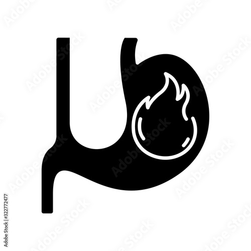 Heartburn black glyph icon. Stomach ache. Food poisoning. Gastrointestinal problem. Inflammation in organ. Early sign of pregnancy. Silhouette symbol on white space. Vector isolated illustration
