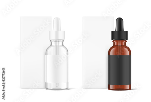 Realistic cardboard packaging box mockup with dropper bottle mockup isolated on white background.Vector illustration.  Сan be used for cosmetic, medical and other needs. EPS10. photo