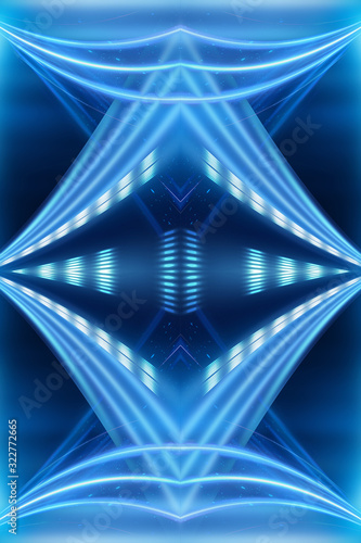Abstract blue furutic background. Rays and lines, symmetrical reflection, blue neon. Abstract empty scene with beams and light of spotlights.