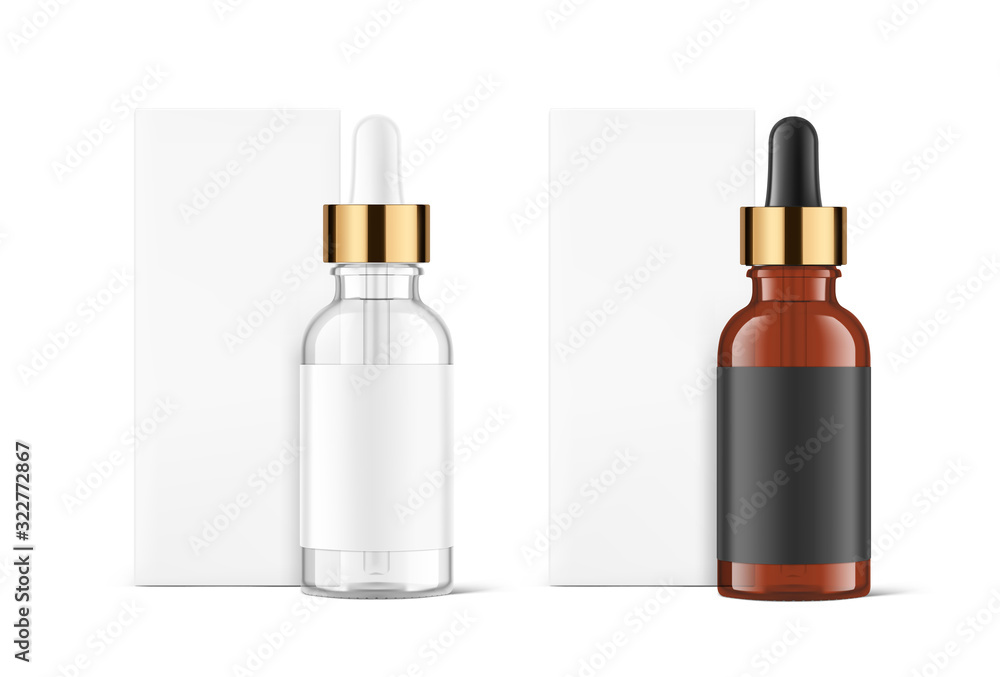 Realistic cardboard packaging box mockup with dropper bottle mockup isolated on white background.Vector illustration. Сan be used for cosmetic, medical and other needs. EPS10. Realistic cardboard packaging box mockup with dropper bottle mockup isolated on white background.Vector illustration. Сan be used for cosmetic, medical and other needs. EPS10.