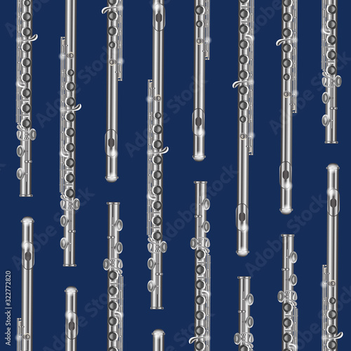 Realistic 3d Detailed Classical Flute Musical Seamless Pattern Background. Vector