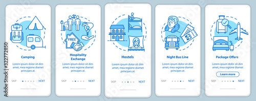 Sleeping onboarding mobile app page screen with concepts. Money saving travel. Budget tourism walkthrough five steps graphic instructions. UI vector template with RGB color illustrations