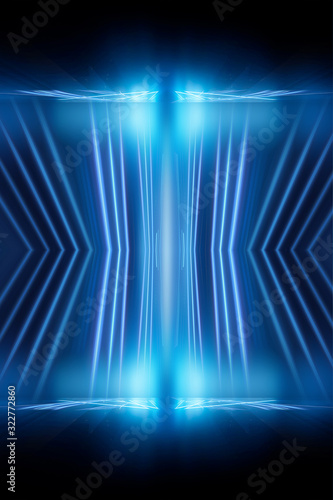 Abstract blue furutic background. Rays and lines  symmetrical reflection  blue neon. Abstract empty scene with beams and light of spotlights.