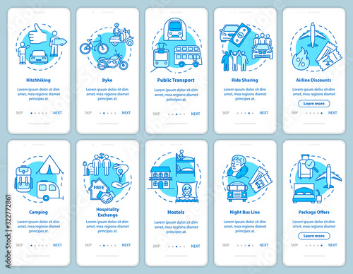 Sleeping and transportation onboarding mobile app page screen with concepts. Cheap accommodations. Budget trip walkthrough steps graphic instructions. UI vector template with RGB color illustrations
