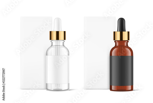 Realistic cardboard packaging box mockup with dropper bottle mockup isolated on white background.Vector illustration.  Сan be used for cosmetic, medical and other needs. EPS10.