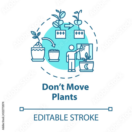Dont move plants concept icon. Floriculture tip. Houseplants caring. Flowers acclimatization idea thin line illustration. Vector isolated outline RGB color drawing. Editable stroke