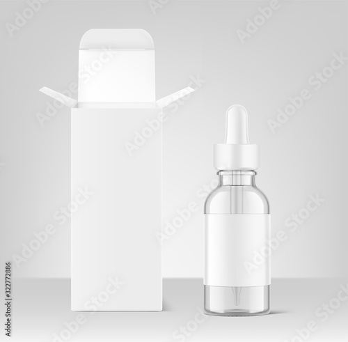 Realistic cardboard packaging box mockup with dropper bottle mockup  on grey background.Vector illustration.  Сan be used for cosmetic, medical and other needs. EPS10.