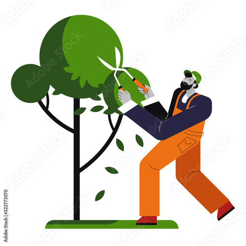 Man cutting tree, gardener trims plant, isolated character