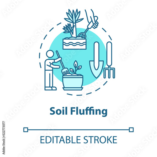 Soil fluffing concept icon. Indoor flowers concern. Houseplants caring. Potted ground loosen idea thin line illustration. Vector isolated outline RGB color drawing. Editable stroke