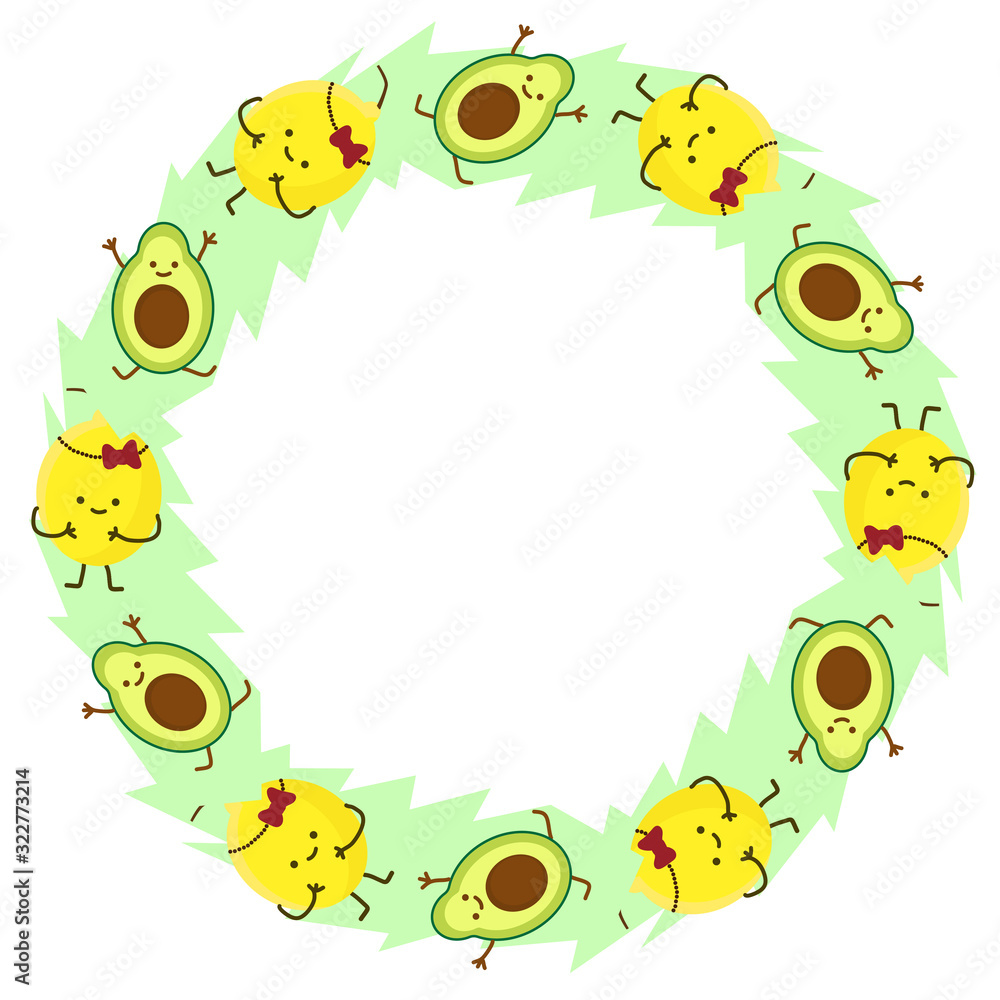 Frame with kawaii fruits and soft green background. Lemon and avocado with happy faces. Frame with kawaii fruits and soft green background. Lemon and avocado with happy faces.