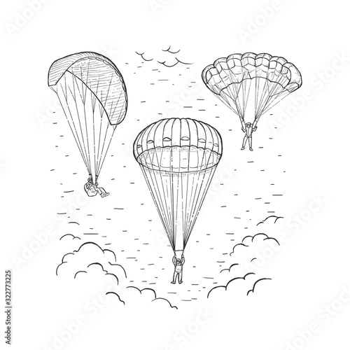 Sketch vector illustration with hand drawn skydivers flying with a paraglider and parachute. Extreme sports concept. Black line isolated on white. Design for print, cover, poster and banner