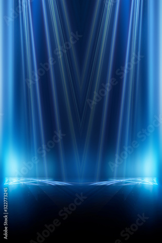 Abstract blue furutic background. Rays and lines, symmetrical reflection, blue neon. Abstract empty scene with beams and light of spotlights.