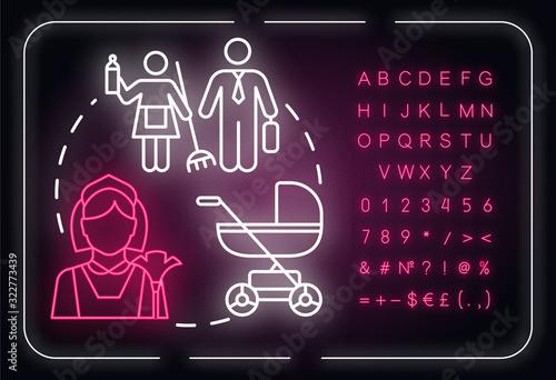 Family inequality neon light concept icon. Relationship, marriage. Household chores. Gender equality idea. Outer glowing sign with alphabet, numbers and symbols. Vector isolated RGB color illustration